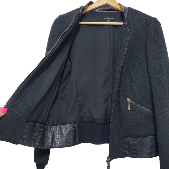 Alberto Makali | Wool Blend Mixed Media Faux Leather Trim Full Zip Bomber Jacket - Picture 4 of 12